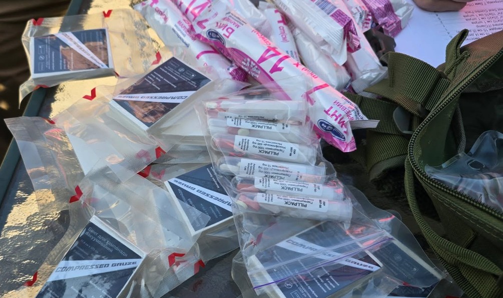 Medical supplies found in backpacks being displayed